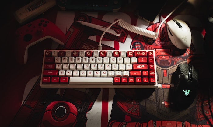 Mouse gamer branco ao lado de um mouse gamer preto e um teclado branco e vermelho vistos de cima.